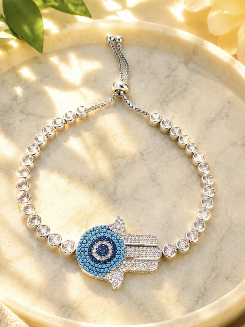 Silver Tone  Hamsa Evil Eye Bracelet with Blue Accents